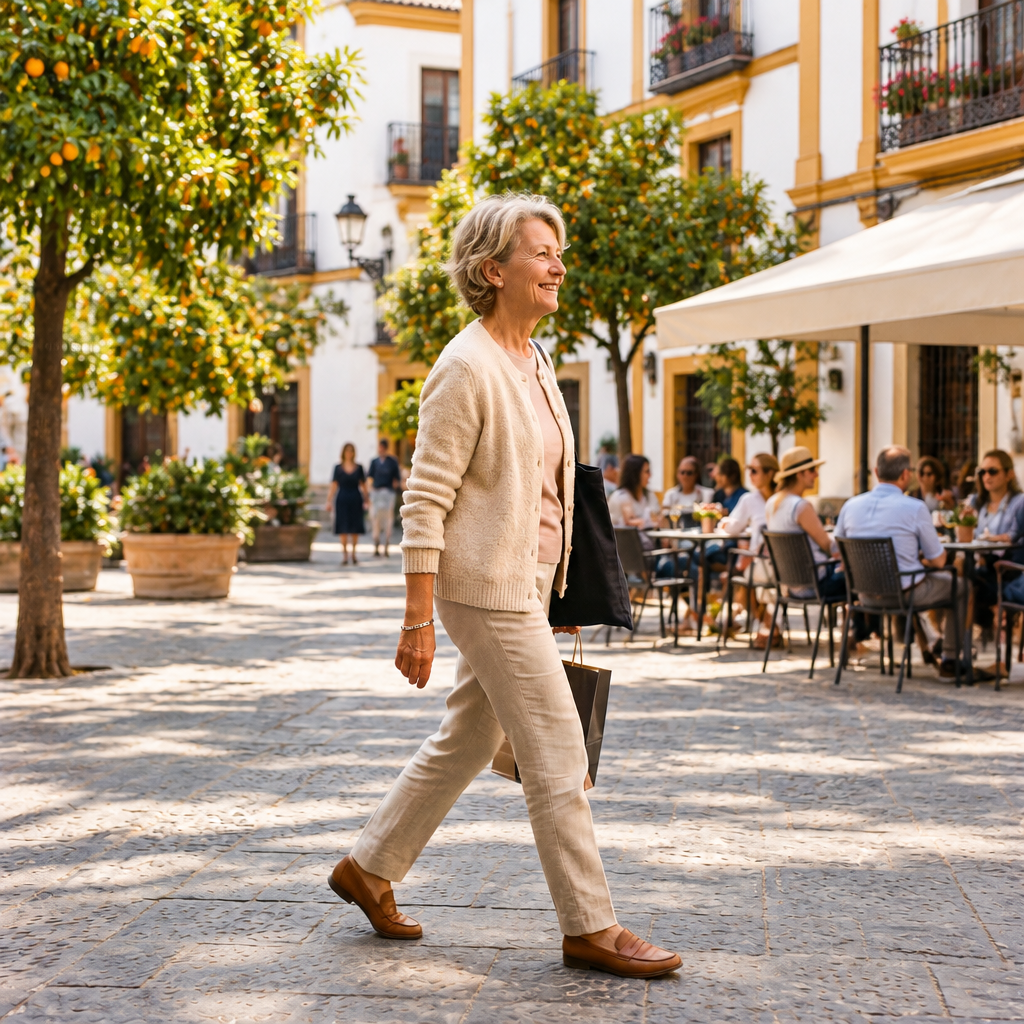 Mujer de unos sesenta años con pantalón claro paseando por una plaza