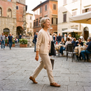 Donna sulla sessantina con pantaloni chiari in piazza