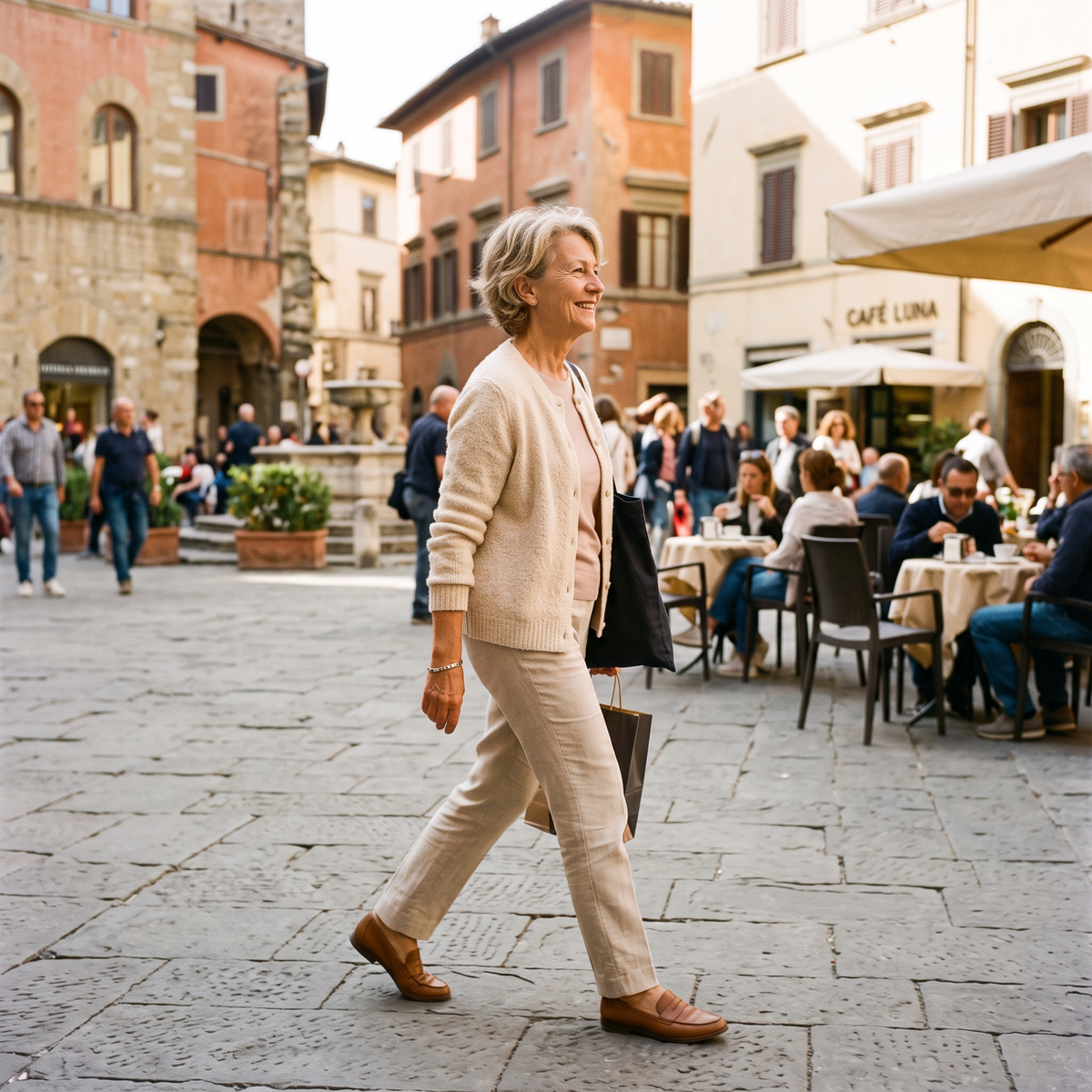 Donna sulla sessantina con pantaloni chiari in piazza