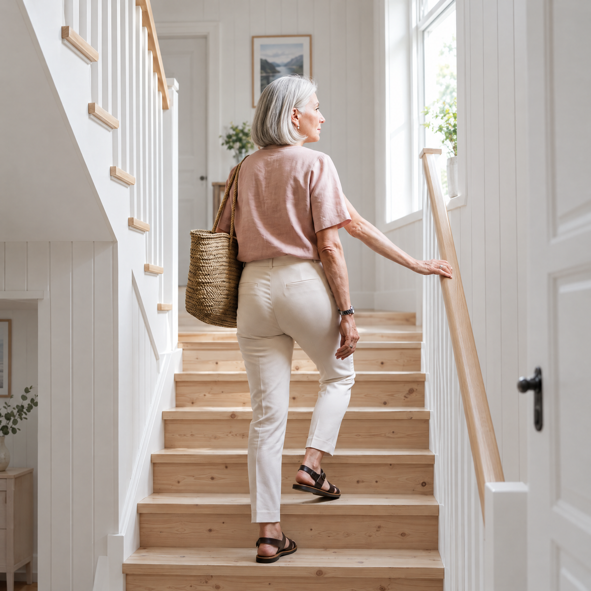 Kvinne i lyse bukser som går opp trappen hjemme
