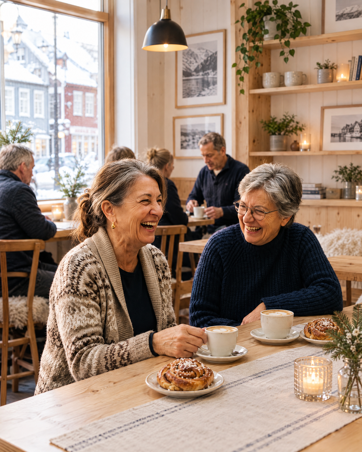 Kvinne i 60-årene som ler på kafé med en venninne