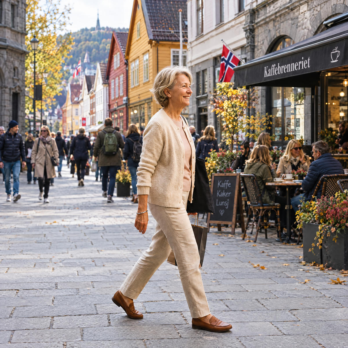 Kvinne i 60-årene som går avslappet over torget