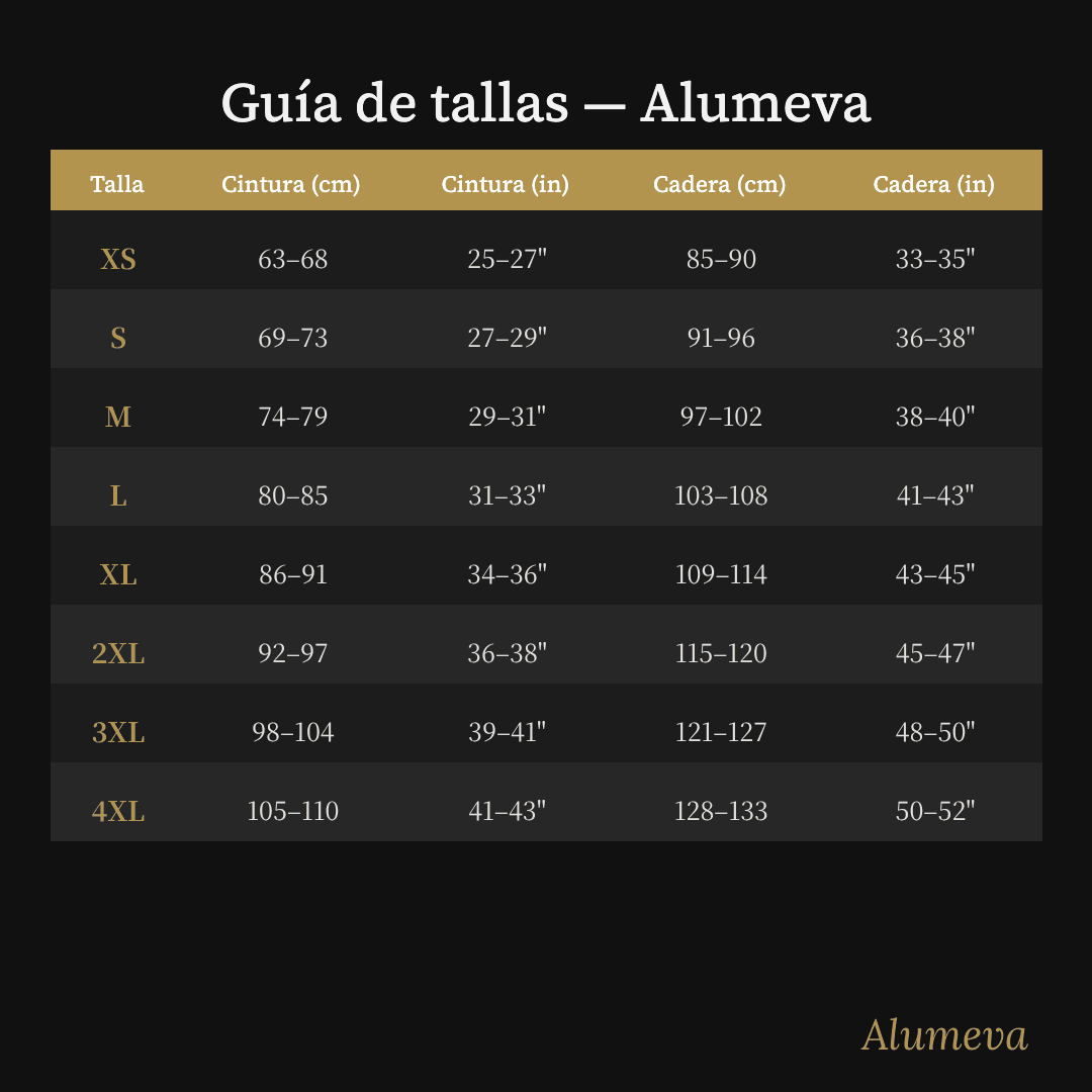 Guía de tallas: cintura y cadera en cm