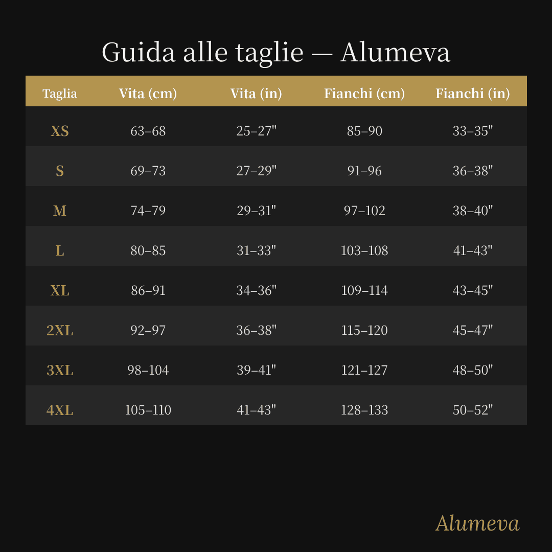 Guida alle taglie: vita e fianchi in cm