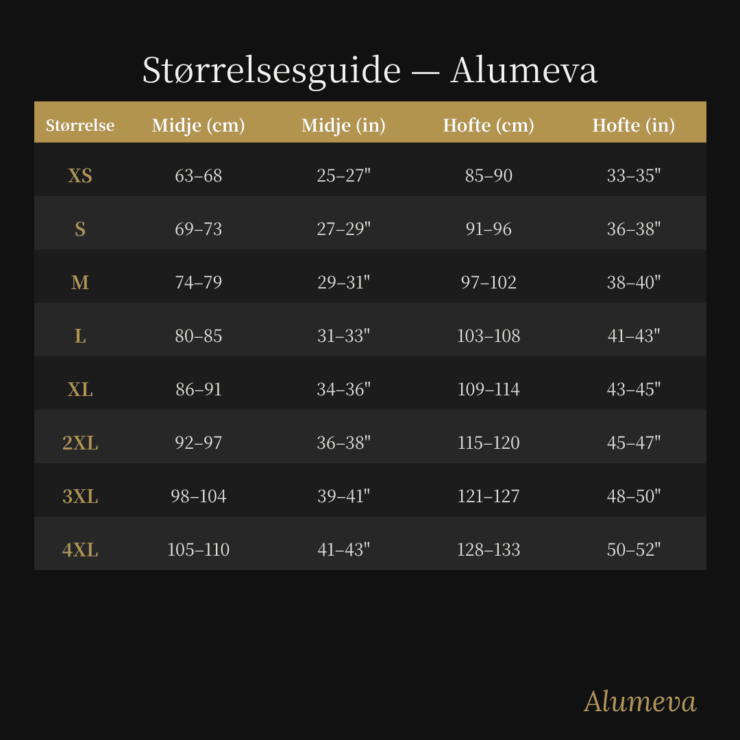Størrelsesguide: midje og hofter i cm