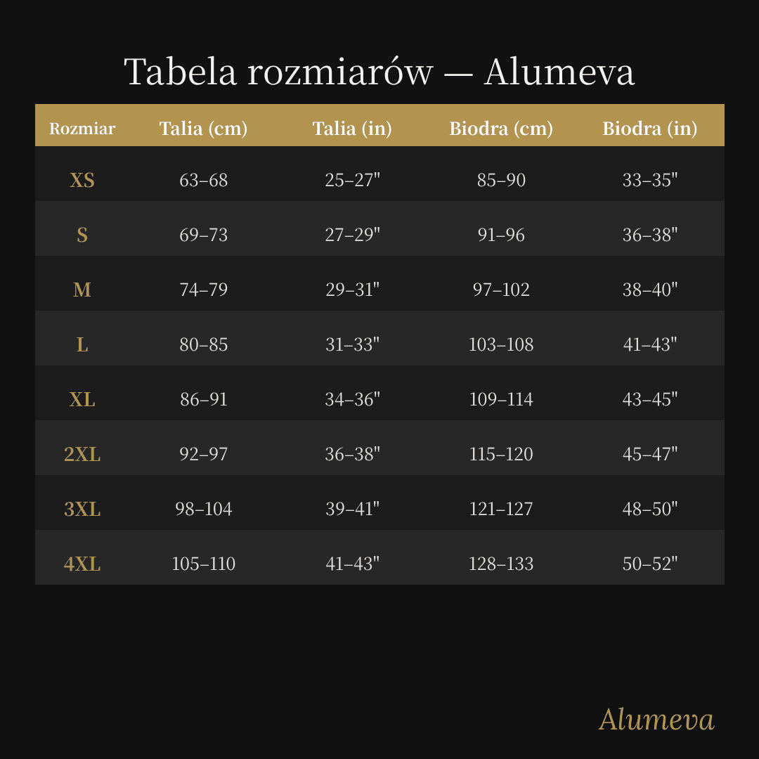 Tabela rozmiarów: talia i biodra w cm