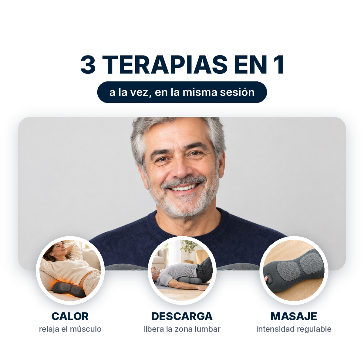 3 terapias en 1: calor, descarga y masaje a la vez