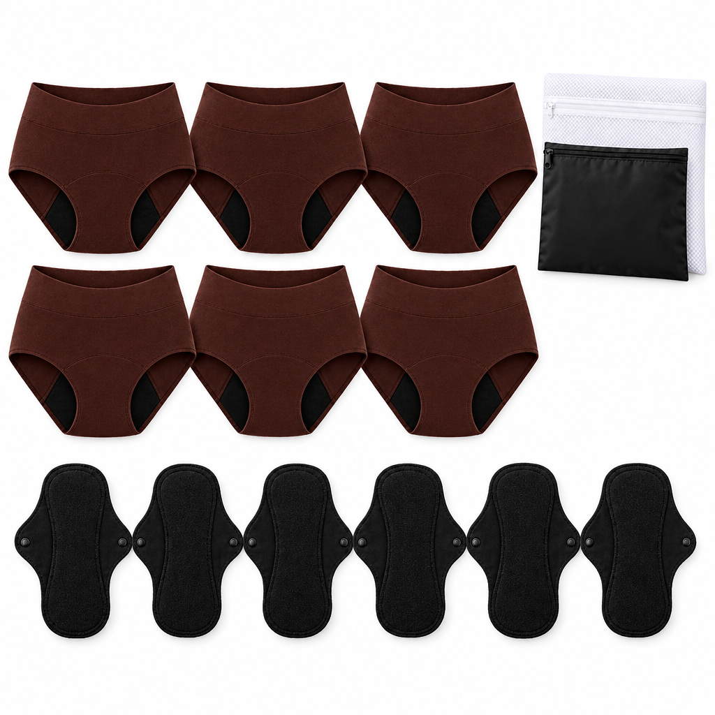 Komplett sett med 12 deler Elegant mokka: 6 truser + 6 vaskbare innlegg