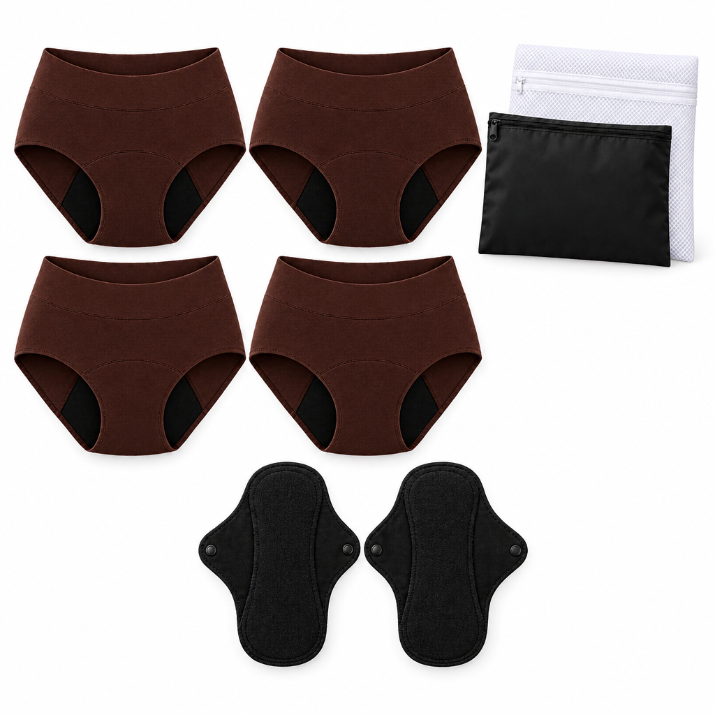 Sett med 6 deler Elegant mokka: 4 truser + 2 vaskbare innlegg