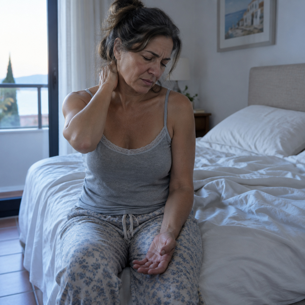 Mujer sentada en la cama por la mañana con dolor de cervicales