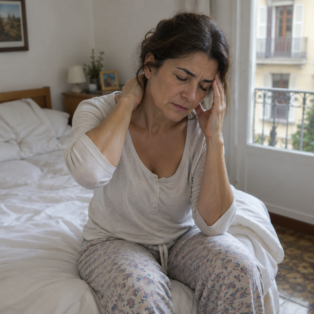 Mujer sentada en la cama por la mañana con la mano en la nuca
