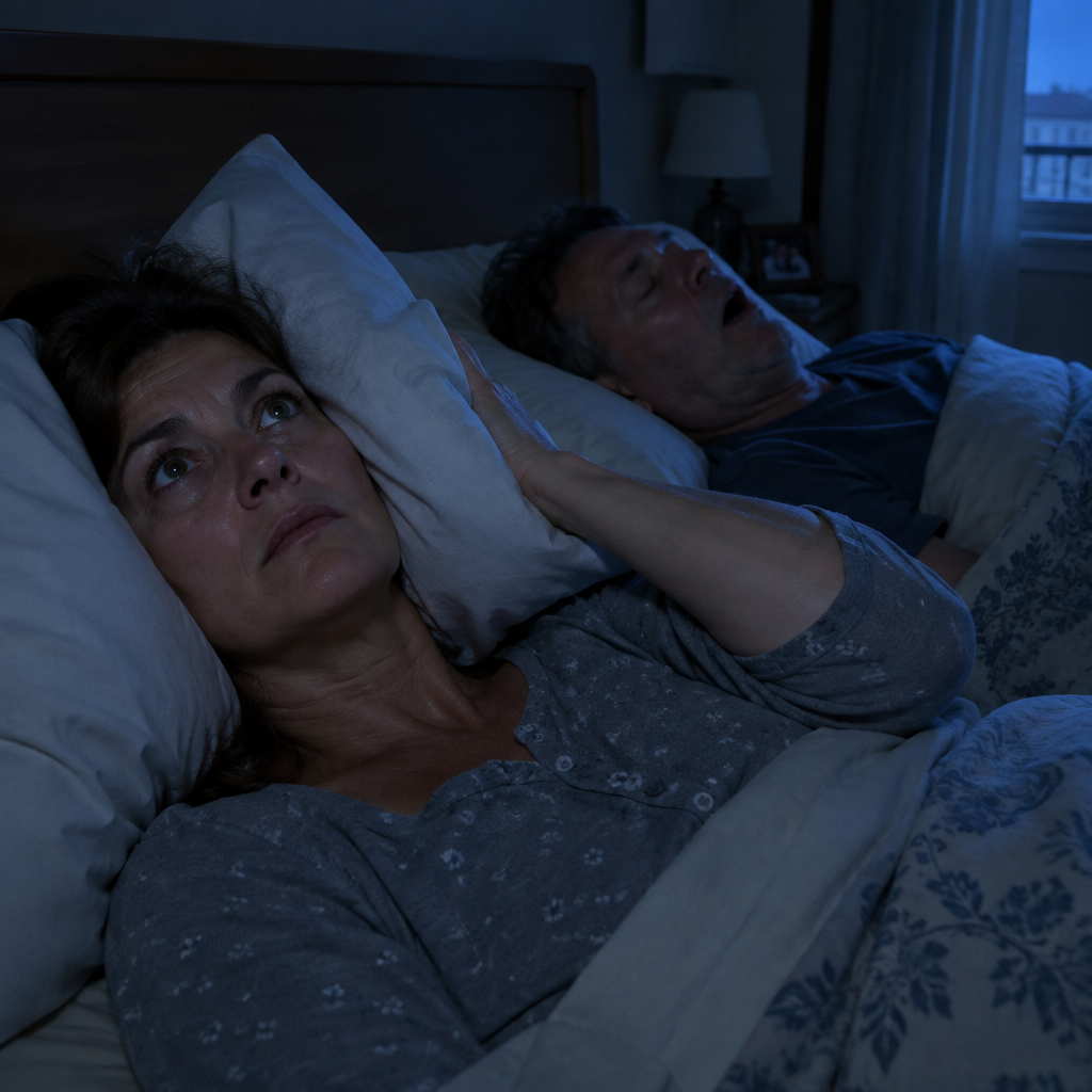 Mujer despierta de noche por los ronquidos de su pareja