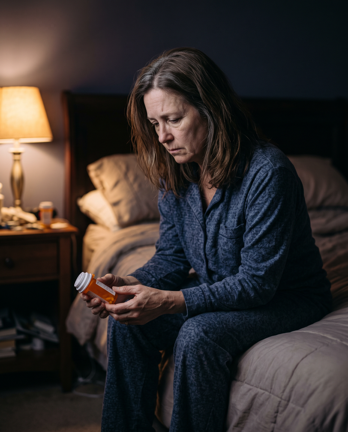 Woman sitting on the edge of her bed at night holding a pharmacy bottle